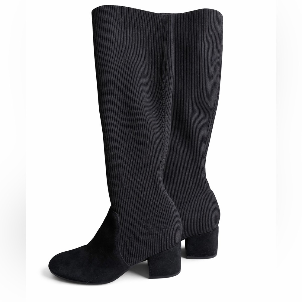 Eileen Fisher Black Suede Knee High Boots 7 Stretch Block Heel Minimalist